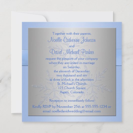 Blauw, Zilver Grijs Sneeuwvlokken Bruiloft Uitnodi Kaart (Achterkant)