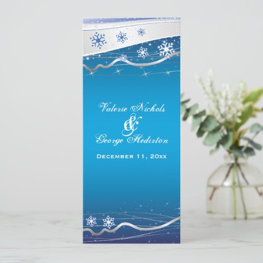 Blauw, zilver-grijze sneeuwvlok trouwprogramma kaa programmakaart (Staand voorkant)