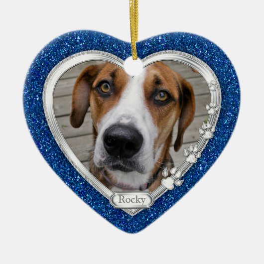Blauw Zilver Hart Huisdier Hond Memorial Foto Kers Keramisch Ornament (Voorkant)