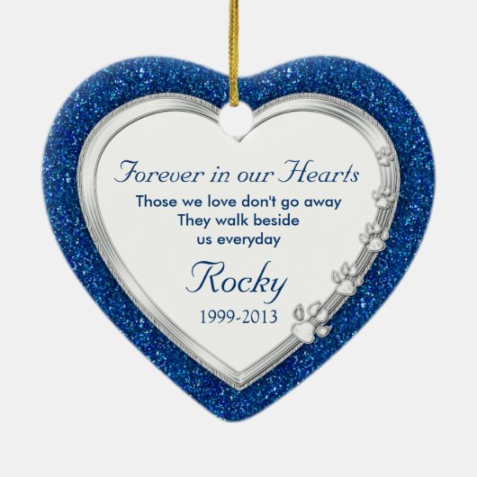 Blauw Zilver Hart Huisdier Hond Memorial Foto Kers Keramisch Ornament (Achterkant)