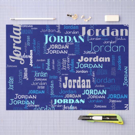 Blauw & Zilver Herhalende Naam Gepersonaliseerd Tissuepapier (Craft)