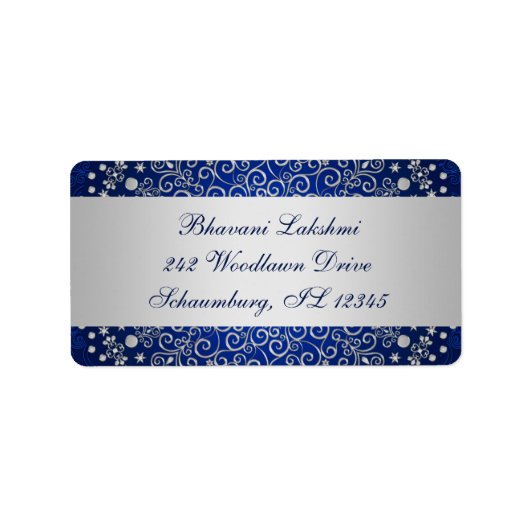 Blauw zilver ingewikkelde rollen retour adreslabel etiket (Voorkant)