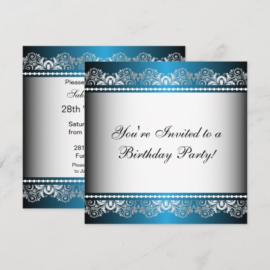 Blauw & Zilver Kant Feest Template Kaart (Voorkant / Achterkant)