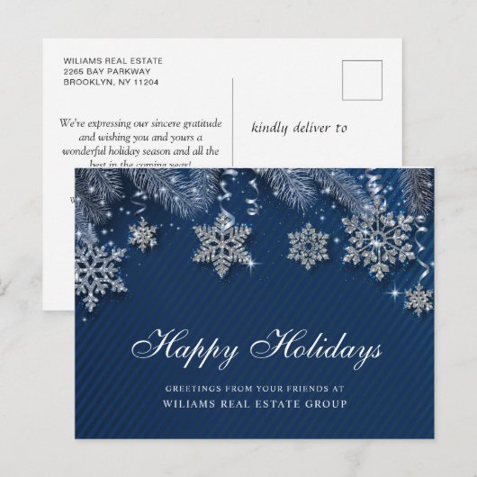 Blauw Zilver Kerstmis Ornament Corporate Groet Briefkaart (Voorkant / Achterkant)