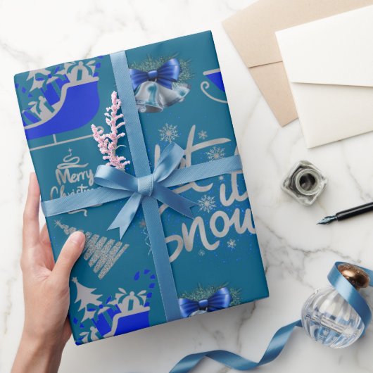 Blauw & Zilver Laat het Sneeuwen op Blauw | Cadeaupapier (Geschenken)