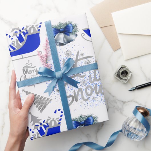 Blauw & Zilver Laat het Sneeuwen op Wit | Cadeaupapier (Geschenken)