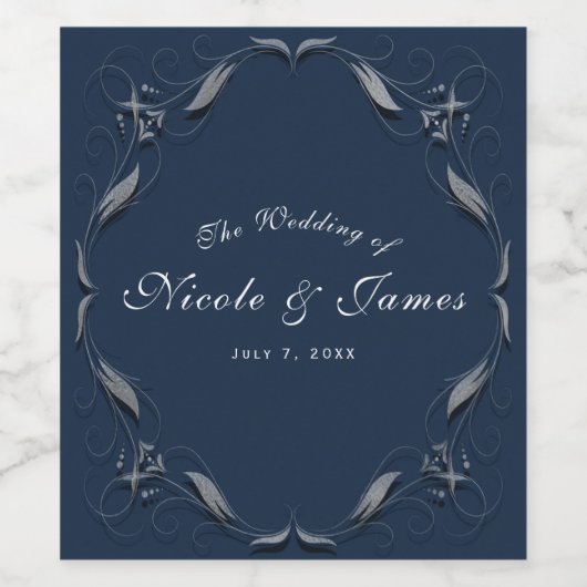 Blauw & Zilver Lijst Elegante Bruiloft Wijn Wijn Etiket (Enkel label)