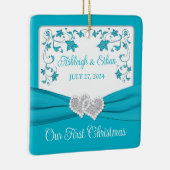 Blauw, Zilver Love Hearts Bruiloft 1e Kerstmis Keramisch Ornament (Rechts)