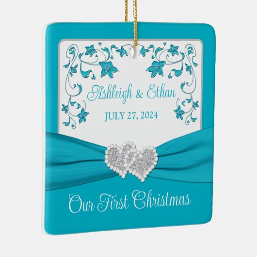 Blauw, Zilver Love Hearts Bruiloft 1e Kerstmis Keramisch Ornament (Rechts)