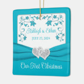 Blauw, Zilver Love Hearts Bruiloft 1e Kerstmis Keramisch Ornament (Links)