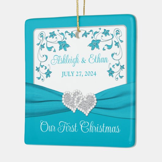 Blauw, Zilver Love Hearts Bruiloft 1e Kerstmis Keramisch Ornament (Links)