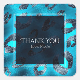 Blauw & Zilver Luipaardprint Feest Favor Vierkante Sticker