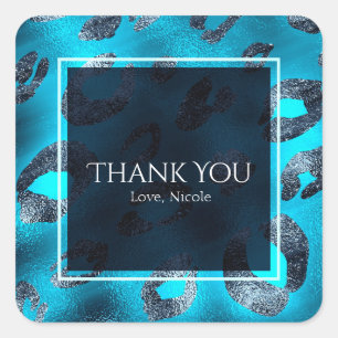 Blauw & Zilver Luipaardprint Feest Favor Vierkante Sticker