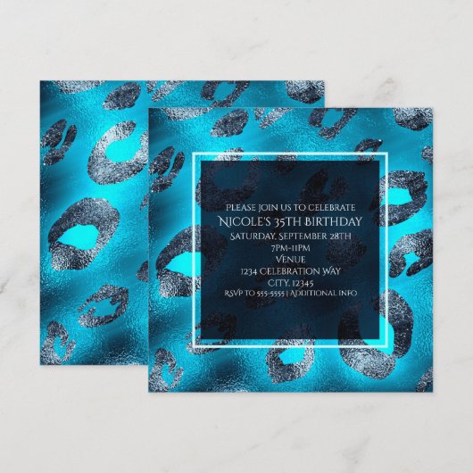 Blauw & Zilver Luipaardprint Uitnodigingen voor Fe (Voorkant / Achterkant)