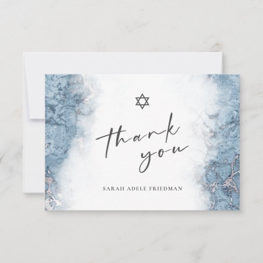 Blauw Zilver Marmeren Bar of Bat Mitzvah Dank u Bedankkaart (Voorkant)