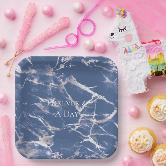 Blauw Zilver Marmeren bruiloft Papieren Bordje (Feest)