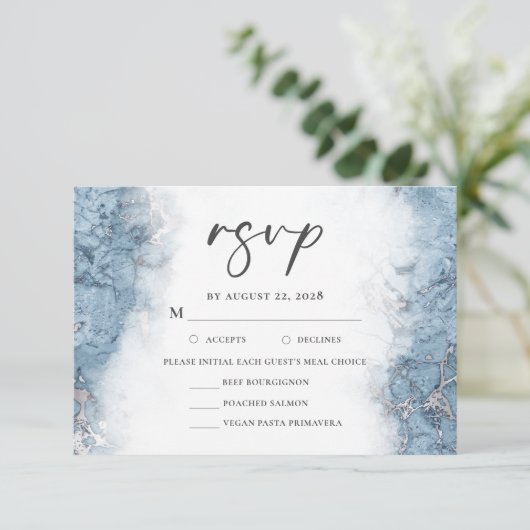 Blauw Zilver Marmeren Maaltijd Keuze RSVP (Staand voorkant)