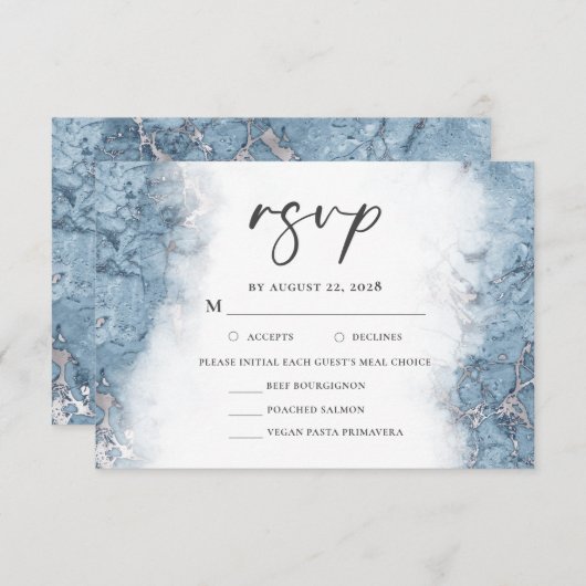 Blauw Zilver Marmeren Maaltijd Keuze RSVP (Voorkant / Achterkant)