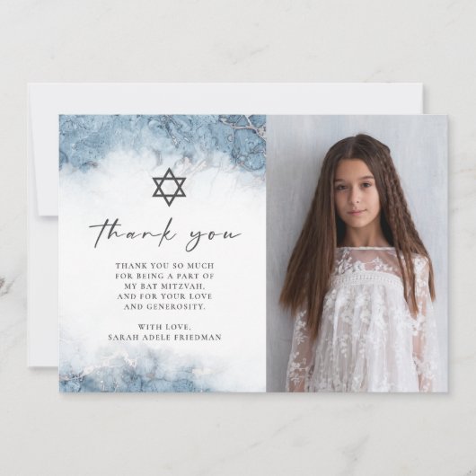Blauw Zilver Marmeren Vleermuis Mitzvah Dank u Bedankkaart (Voorkant)