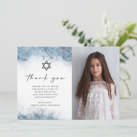 Blauw Zilver Marmeren Vleermuis Mitzvah Dank u Bedankkaart (Staand voorkant)