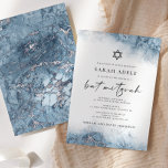 Blauw Zilver Marmeren Vleermuis Mitzvah Kaart<br><div class="desc">Deze elegante bat mitzvah uitnodiging heeft een lichtblauw waterverf randontwerp in imitatie van marmer geaderd met faux zilver folie, geleidelijk vervagen in de witte achtergrond. De woorden "bat mitzvah" verschijnen in houtskoolgrijs handschrift, met de resterende tekst in seriële hoofdletters. Het blauwe en zilveren marmeren patroon wordt herhaald op de achterkant...</div>