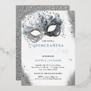 Blauw Zilver Masker Vlinder Quinceanera Folie Uitnodiging