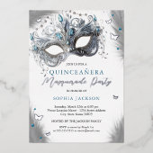 Blauw Zilver Masker Vlinder Quinceanera Folie Uitnodiging (Voorkant)