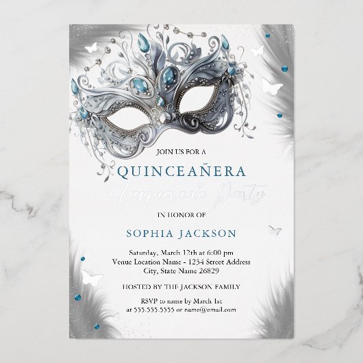 Blauw Zilver Masker Vlinder Quinceanera Folie Uitnodiging (Voorkant)