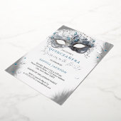 Blauw Zilver Masker Vlinder Quinceanera Folie Uitnodiging (Gedraaid)