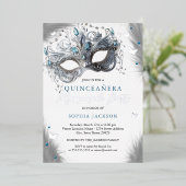Blauw Zilver Masker Vlinder Quinceanera Folie Uitnodiging (Staand Voorkant)