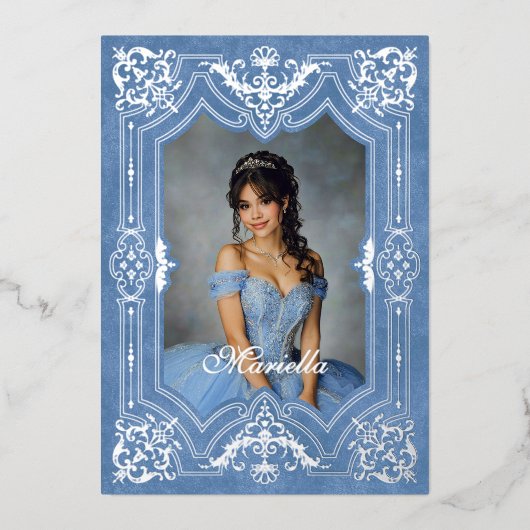 Blauw Zilver Masquerade Foto Quinceanera Folie Uitnodiging (Voorkant)