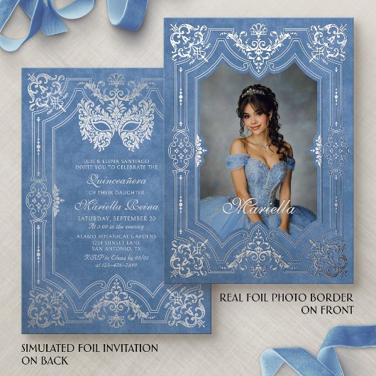 Blauw Zilver Masquerade Foto Quinceanera Folie Uitnodiging