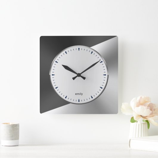 Blauw & Zilver Modern Metallic Geometrisch ontwerp Vierkante Klok (Huis)