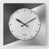 Blauw & Zilver Modern Metallic Geometrisch ontwerp Vierkante Klok (Voorkant)