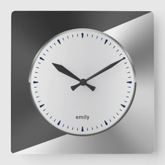 Blauw & Zilver Modern Metallic Geometrisch ontwerp Vierkante Klok (Voorkant)