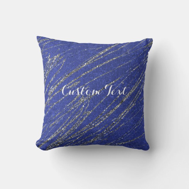 Blauw & Zilver Moderne Glam Marmer Streep Kussen (Voorkant)