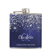 Blauw zilver monogram naam script glitters schitte heupfles (Voorkant)