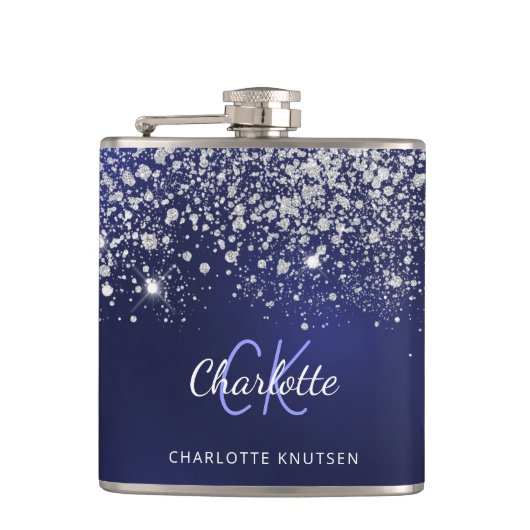 Blauw zilver monogram naam script glitters schitte heupfles (Voorkant)