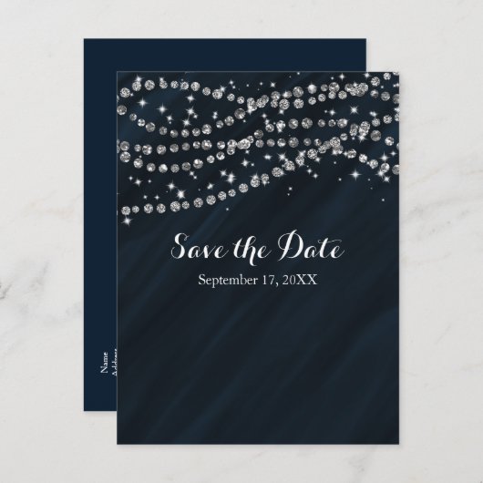 Blauw & Zilver Nep Diamant Bling Bewaar De Datum Aankondigingskaart (Voorkant / Achterkant)