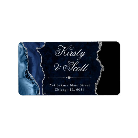 Blauw & Zilver Nep Glitter Agate Trouwfeest Etiket (Voorkant)
