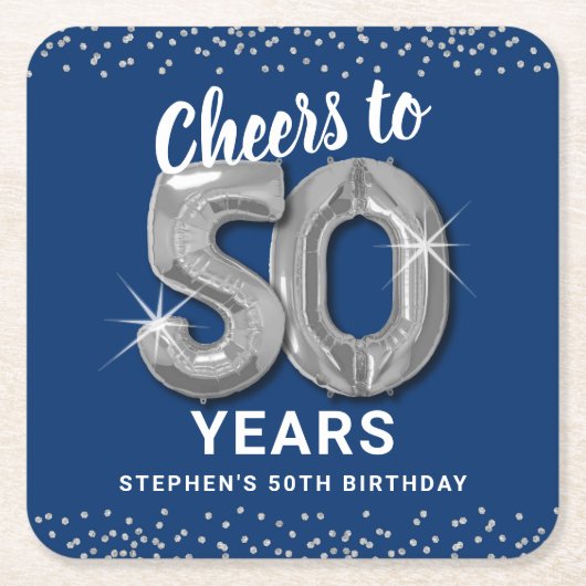 Blauw Zilver Proost op 50 Jaar Verjaardag Kartonnen Onderzetters (Voorkant)