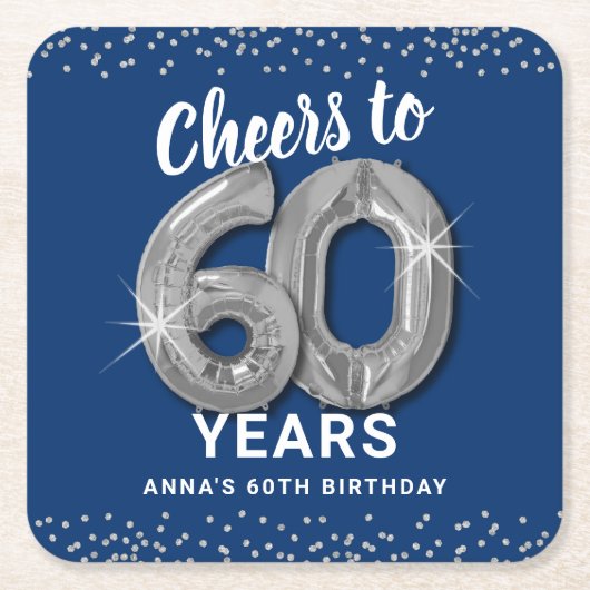 Blauw Zilver Proost op 60 Jaar Verjaardag Kartonnen Onderzetters (Voorkant)