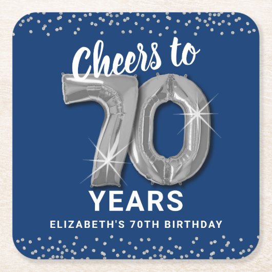 Blauw Zilver Proost op 70 Jaar Verjaardag Kartonnen Onderzetters (Voorkant)
