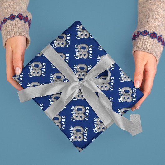 Blauw Zilver Proost op 80 Jaar Verjaardag Inpakpapier Vel