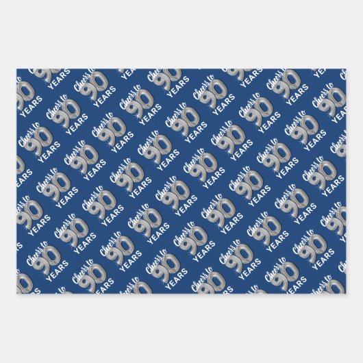 Blauw Zilver Proost op 90 Jaar Verjaardag Inpakpapier Vel (Voorkant)