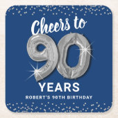 Blauw Zilver Proost op 90 Jaar Verjaardag Kartonnen Onderzetters (Voorkant)