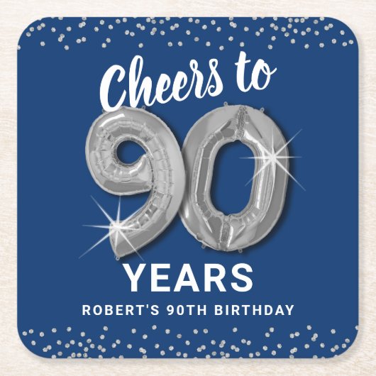 Blauw Zilver Proost op 90 Jaar Verjaardag Kartonnen Onderzetters (Voorkant)