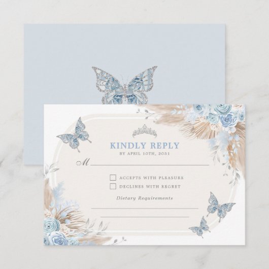 Blauw Zilver Quinceanera Mis Quince 15 Anos RSVP Informatiekaartje (Voorkant / Achterkant)