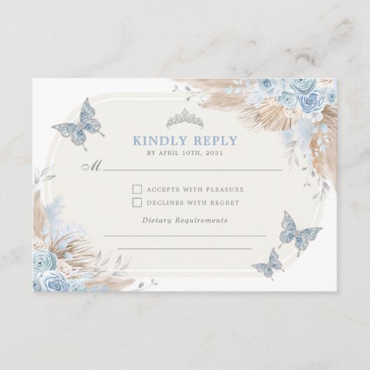 Blauw Zilver Quinceanera Mis Quince 15 Anos RSVP Informatiekaartje (Voorkant)