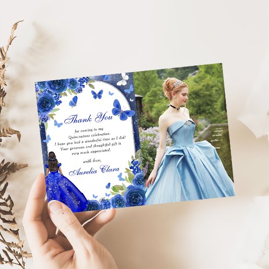 Blauw Zilver Roos Quinceanera Foto Dank u Kaart